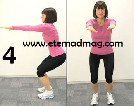 برنامه بدنسازی برای گرم کردن بدن - خم کردن زانو، نشستن، یک دقیقه صبر کردن و بلند شدن مجدد (knee bends)