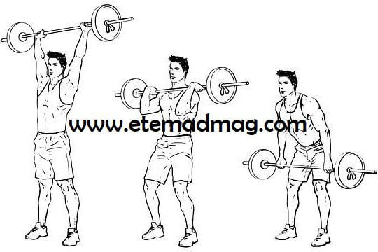 تمرینات بدنسازی قدرتی - حرکت بلند کردن هالتر و پرس شانه (Barbell clean and press)
